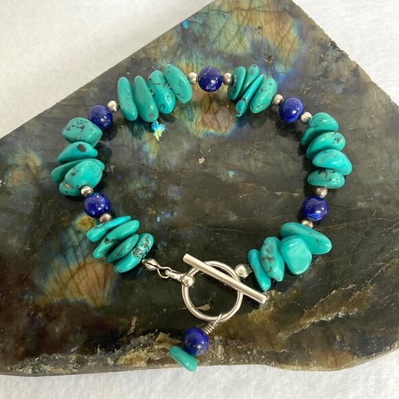 Sterling Silver 925 Dakota West Turquoise Chip & Round Lapis Beaded Bracelet 7" - Picture 1 of 16